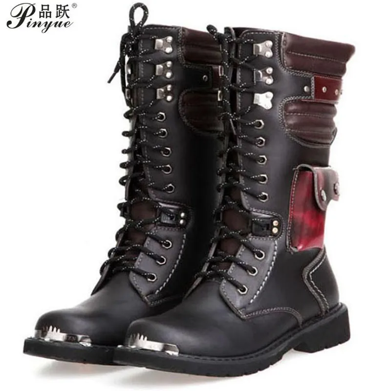 Fashionable Motorcycle Boots Mens Military Boots Leather Winter Black Cowboy Snow Metal Gothic Pocket Punk boots