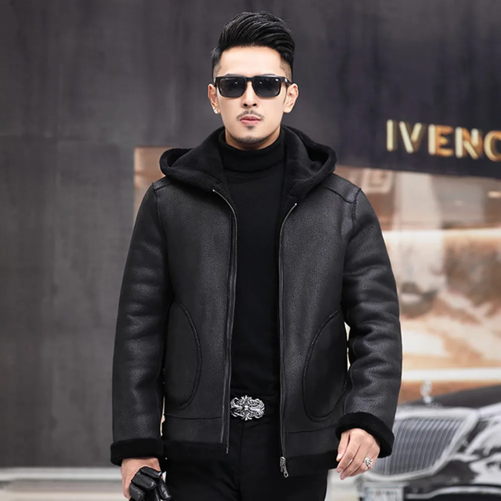 Мужская куртка из натуральной кожи черная короткая с капюшоном на шерстяной