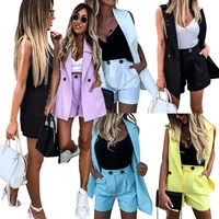 women two piece suit waistcoat and shorts set solid color vest coat single button yellow sleeveless blazers with shorts suit d30