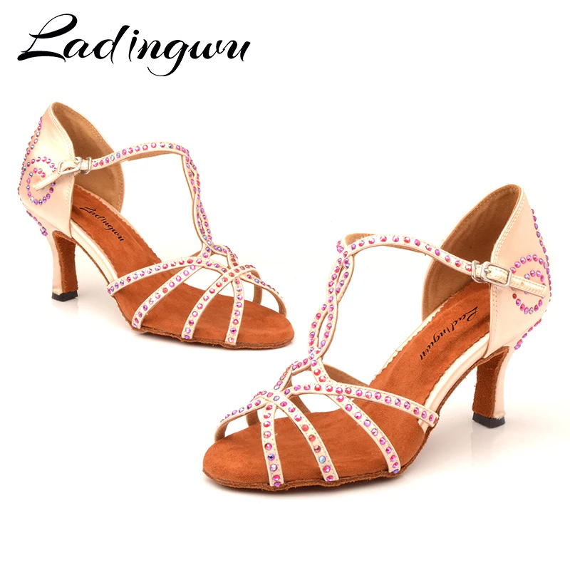 Женские атласные туфли Ladingwu для латиноамериканских танцев серебристо-серого