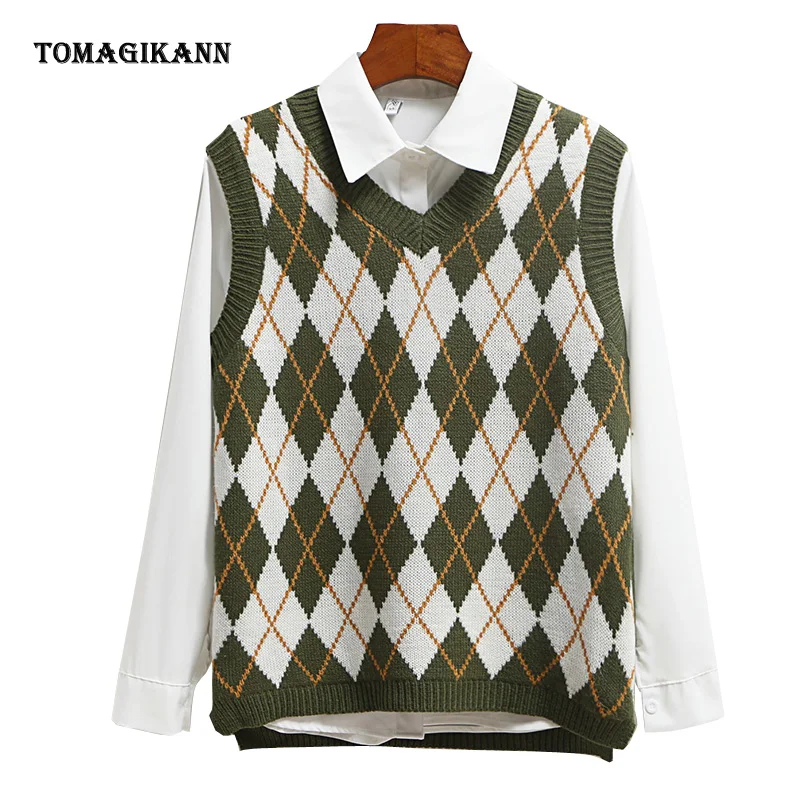 

2020 Preppy Style Argyle Hit Color Women Knitted Vests Korean V Neck Sleeveless All Matching Pullovers Sweater and Knitwear