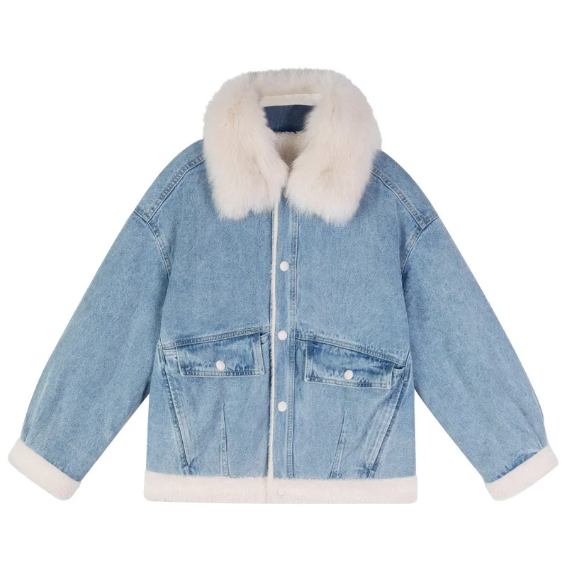 

Джинсовая куртка женская с большим воротником из лисьего меха, бархатная короткая ковбойская куртка свободного покроя в корейском винтажн...