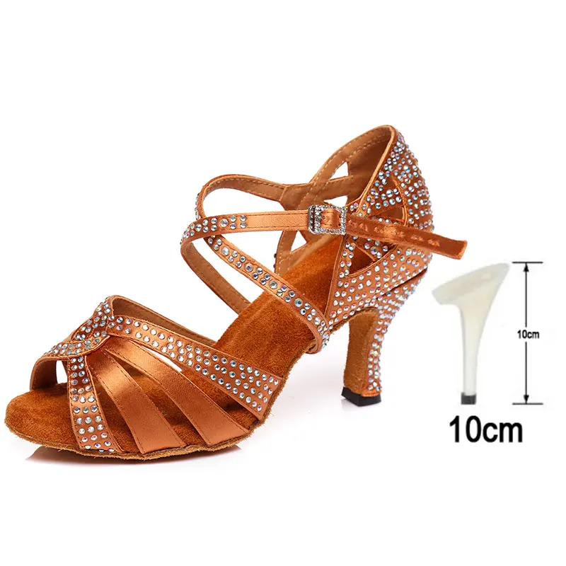 Brown 10CM HROYL/Женская обувь для латинских танцев; женские танцевальные сандалии для танго; Сальса; Самба; стразы; пикантные вечерние туфли на каблуке 5/6/7,5/8,5/9/1 - Цвет: Brown 10CM