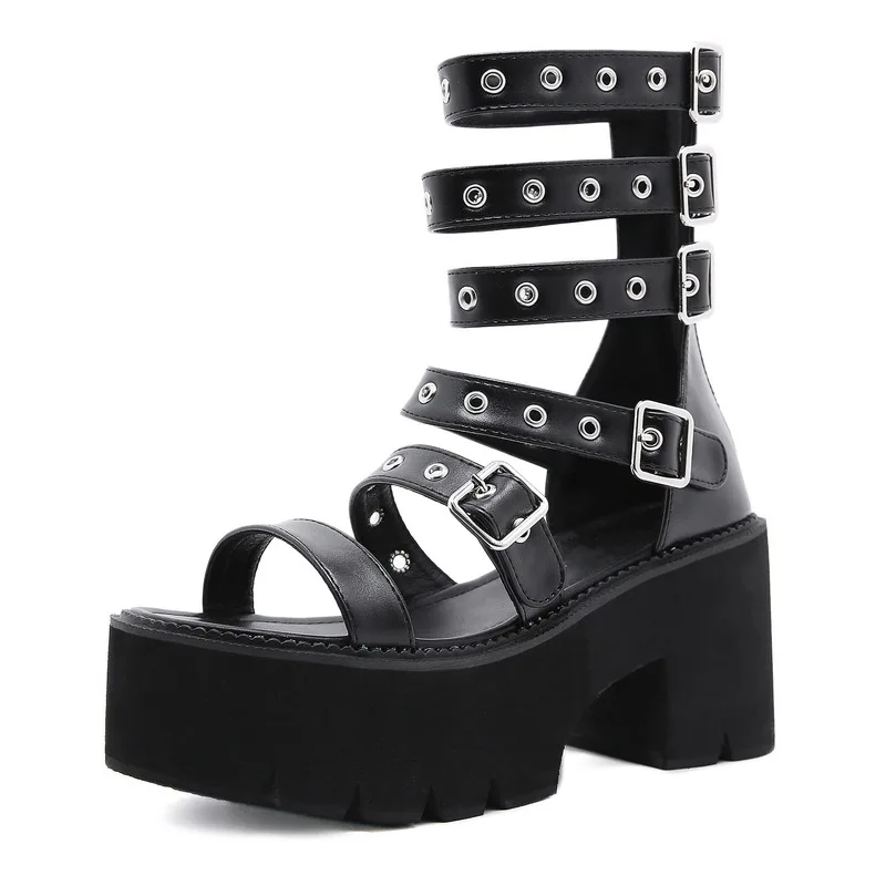 

Sexy Rivet Sandals Women Shoes Gladiator 2021 New Summer Platform Heels Black Gothic Back Zipper Chunky Heel Comfortable