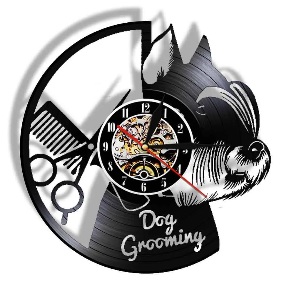 Pet Grooming Dog Shop Light Signs Salon Vinyl Record Wall Clock With LED Backlight Pet Clinic Decor Night Light Lamp