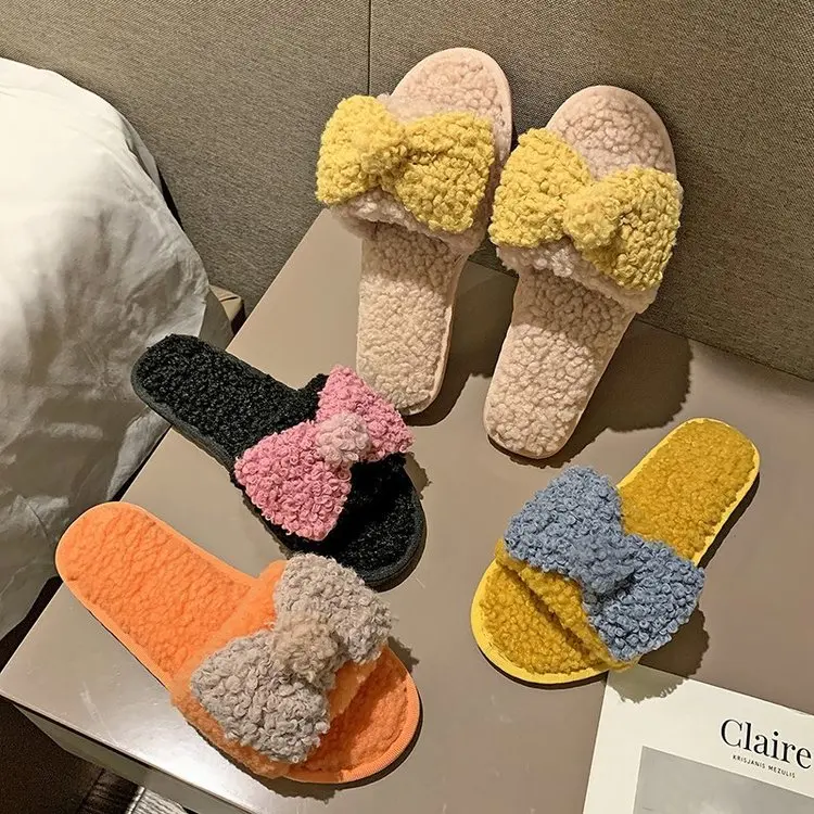 New Home Cute Bowknot Cotton Slippers Ladies Autumn and Winter Comfortable Slippers Furry Slippers Women Fashion Women's Shoes