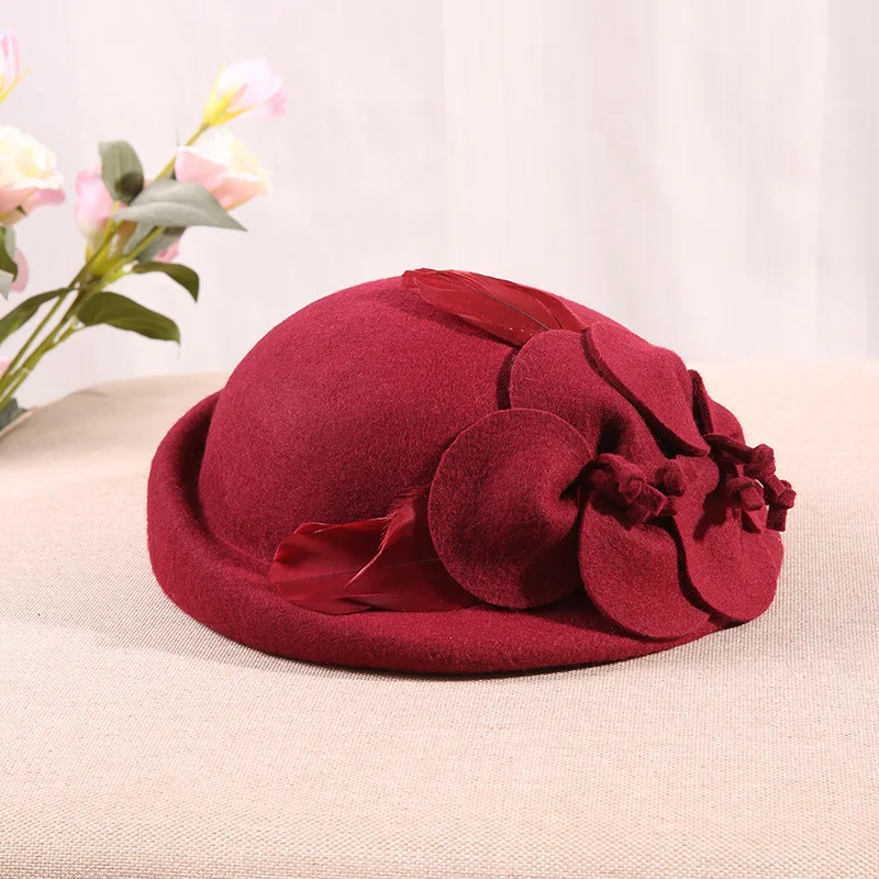 Осенне-зимний шерстяной берет с цветами шляпа Британский женский элегантный