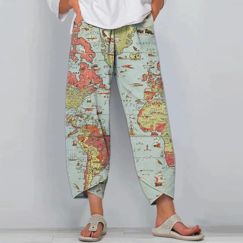 

Летние женские брюки, повседневные брюки до щиколотки с эластичным поясом, спортивные Прямые брюки с винтажным принтом