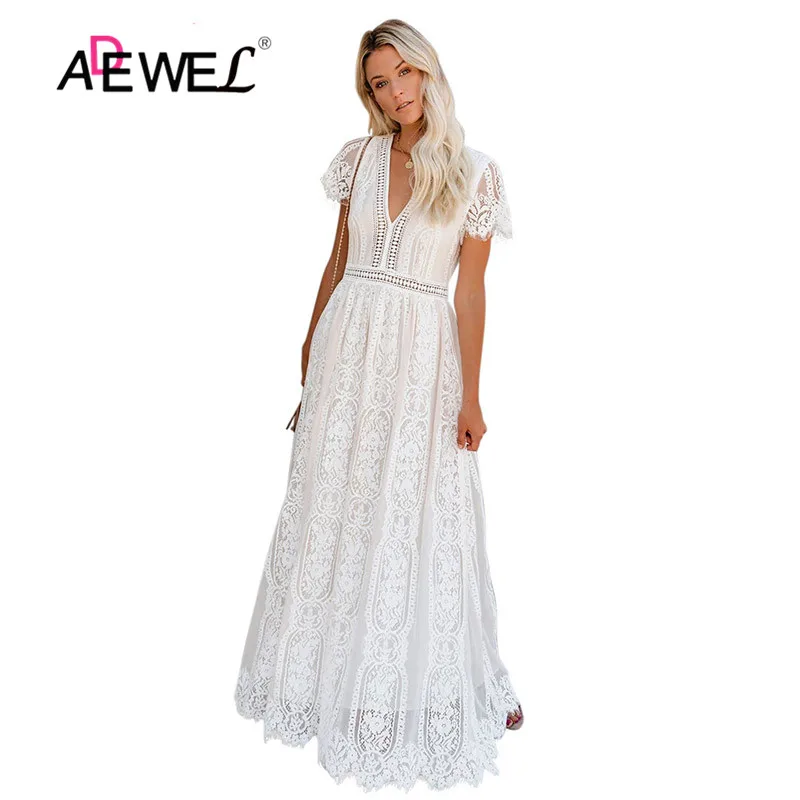 Женское кружевное платье-макси ADEWEL белое ажурное праздничное платье с длинным