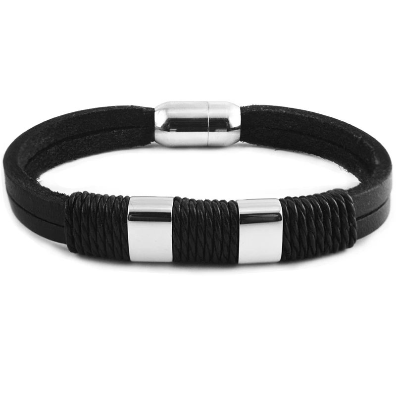 

Charm Black Color Genuine Leather Bracelets For Women Trendy Jewelry Fashion Stainless Steel Magnetic Clasp Bangles Men Gifts