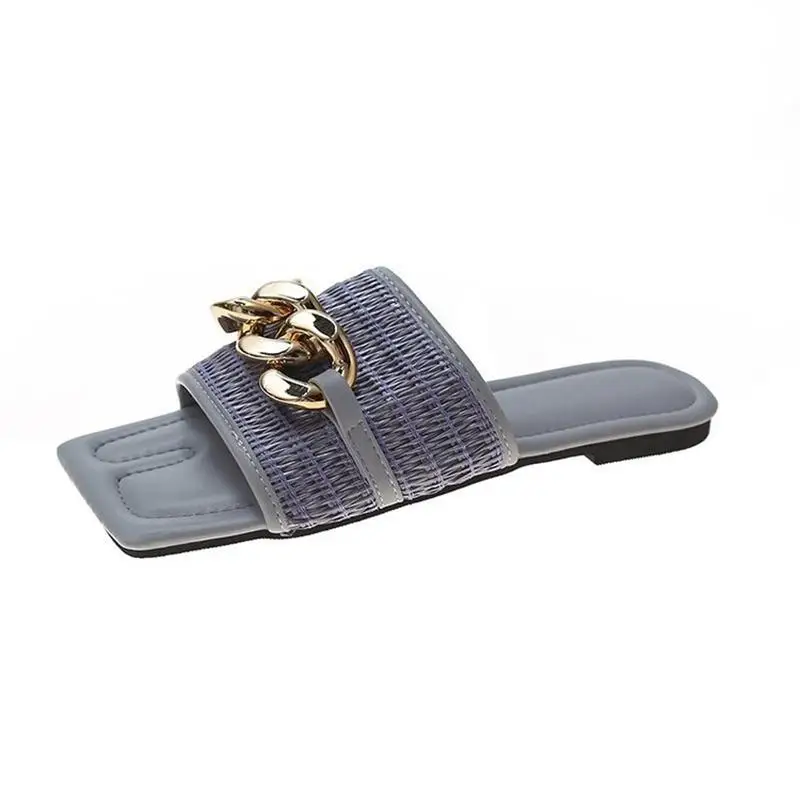 

Flat Shoes Female Rivet Square Toe Ladies' Slippers Summer Clogs Woman Low Pantofle Luxury Slides Beach 2021 Designer Rubber Bas