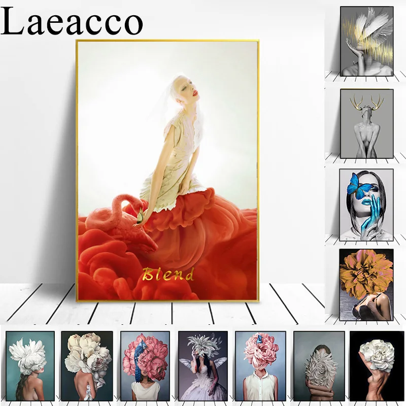 Цветы перо женщина плакат настенное искусство холст картина печать украшение