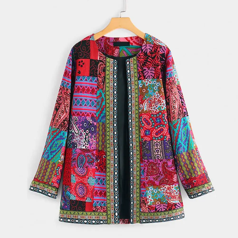 

2021 Autumn Jacket Women Colorful Print Cardigan Coat Retro Ethnic Print Pockets Autumn Winter Long Sleeve Open Stitch Jacket
