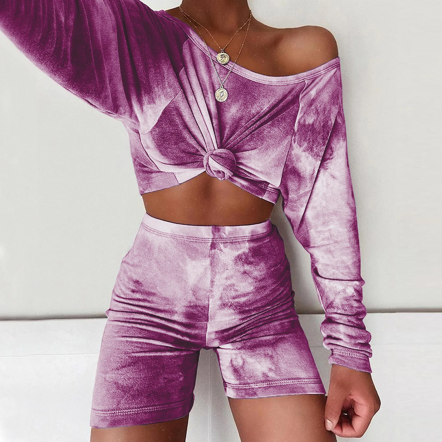 

Mandylandy Summer Long-Sleeve O-Neck Off-Shoulder T-shirt + High Waist Straight Shorts Suit Women's Tie-Dye Printed Slim Suit