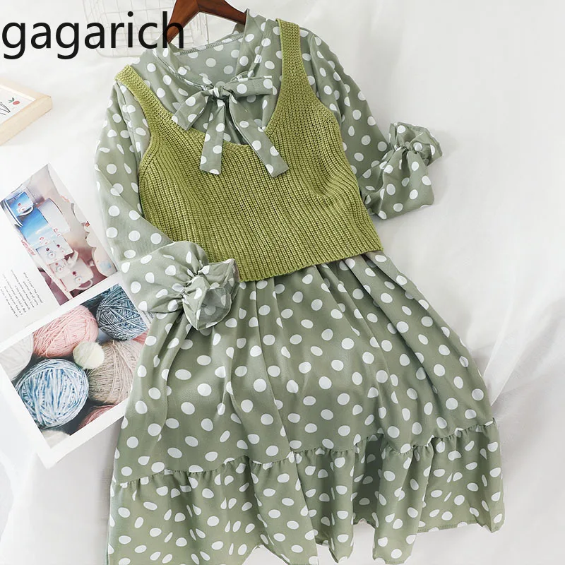 Gagarich женские костюмы Сладкая волна точка печати лук кружево до полный миди