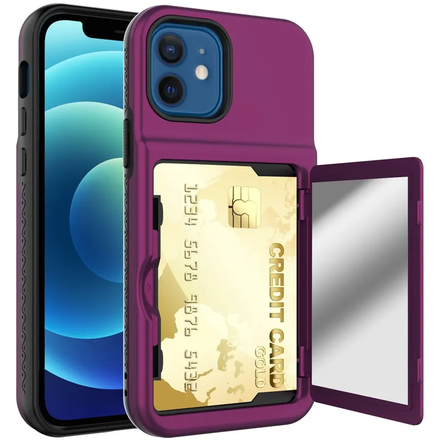 

Чехол для iPhone 12 6,1 "/12 Pro 6,1, противоударный сверхпрочный защитный чехол, кошелек, держатель для кредитных карт, чехол с зеркалом и подставкой