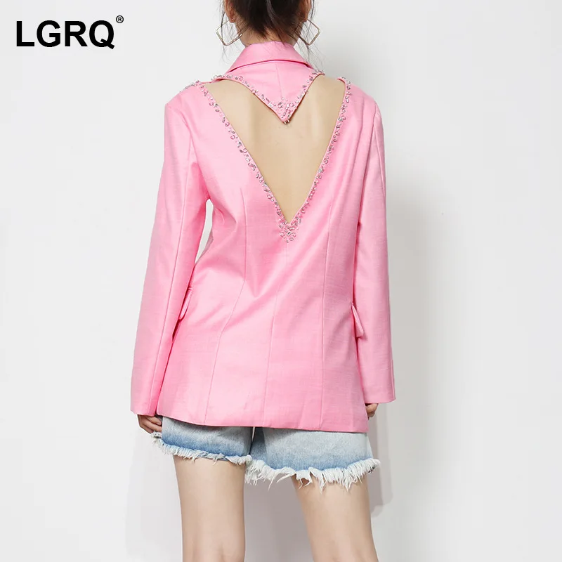 

[LGRQ] Loose Fit Backless Diamond Jacket New Notched Neck Long Sleeve Women Coat Fashion Tide Autumn Winter 2021 19D2688