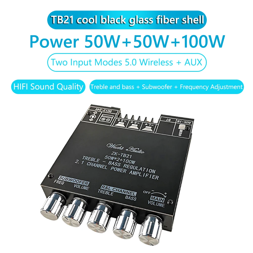 

Цифровой усилитель мощности ZK-TB21 2x50 Вт + 100 Вт, 2,1 каналов, Hi-Fi, с сабвуфером, плата с фильтром, AUX, аудио, стерео, Bluetooth 5,0, басовый усилитель