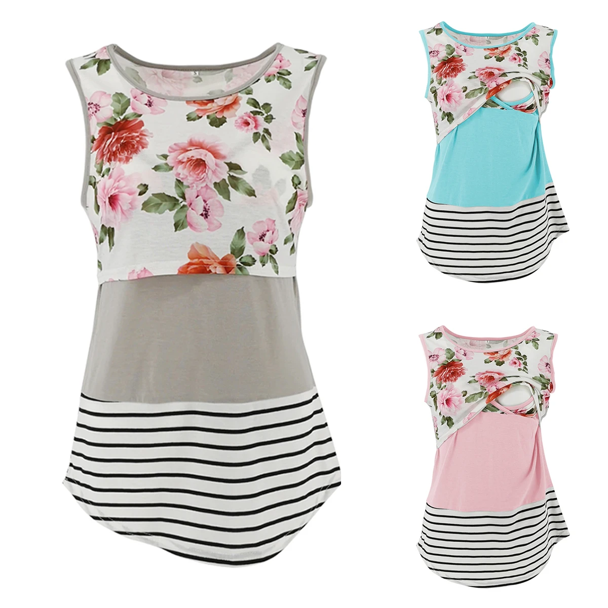 

Pregnancy Breastfeeding Tank Top Pregnant Woman Striped Floral Printed T Shirt Summer Sleeveless Maternity Nursing Vest