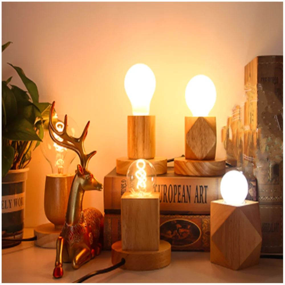 

220V 110V Retro Wood Table Lamp E27 Socket Vintage Desk Lamp Base Holder EU Plug Bedside Lamp Decor Wooden Base Table Light