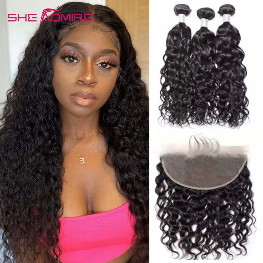 

Bundles With Closure Water Wave Human Hair She Admire Deep Curly Brazilian Hair Weave Long Hair Extension Bundles with Frontal