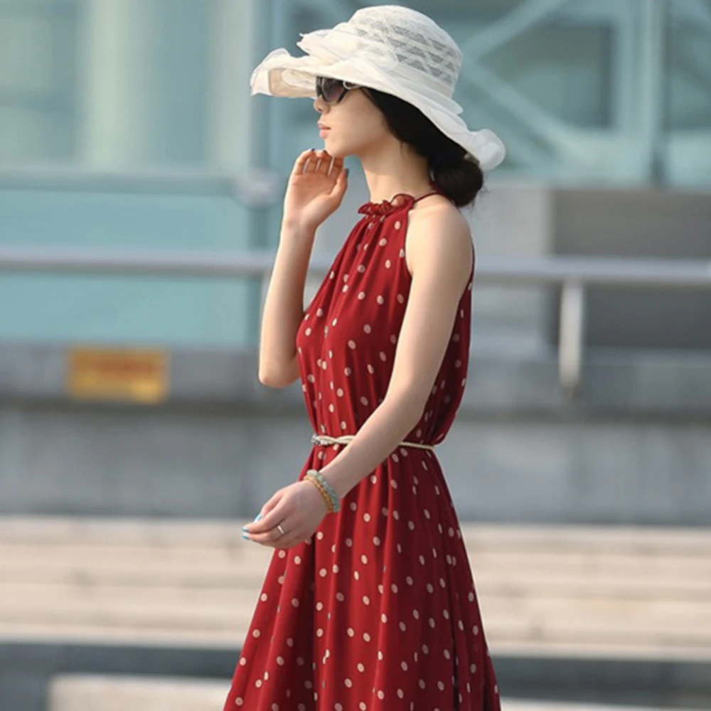 Платье 2020 Красивая шифоновая блузка в горошек С узором Без рукавов на бретелях