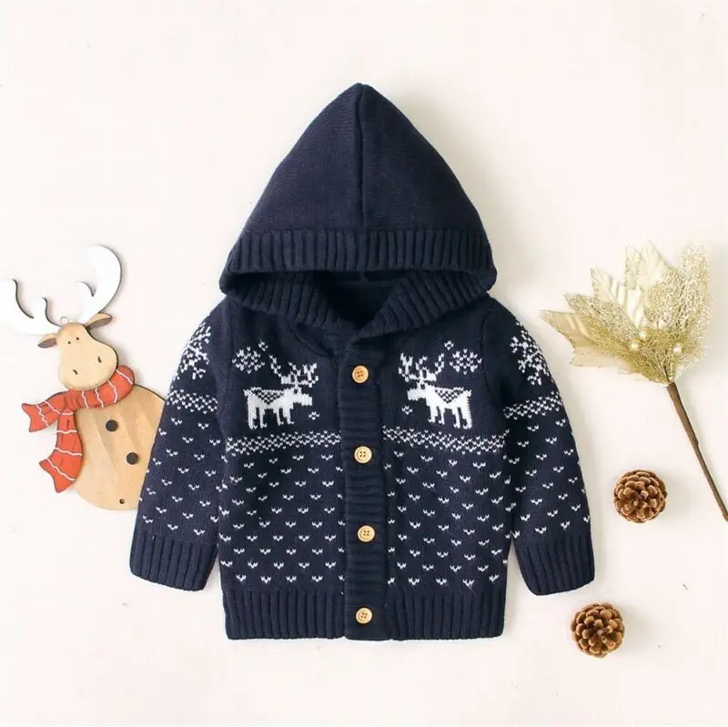 Newly Kids Chirstmas Clothes Newborn Baby Girl Boy Knitted Deer Hoodie Button Hooded Sweatshirt Warm Sweater Outfits Clothing |
