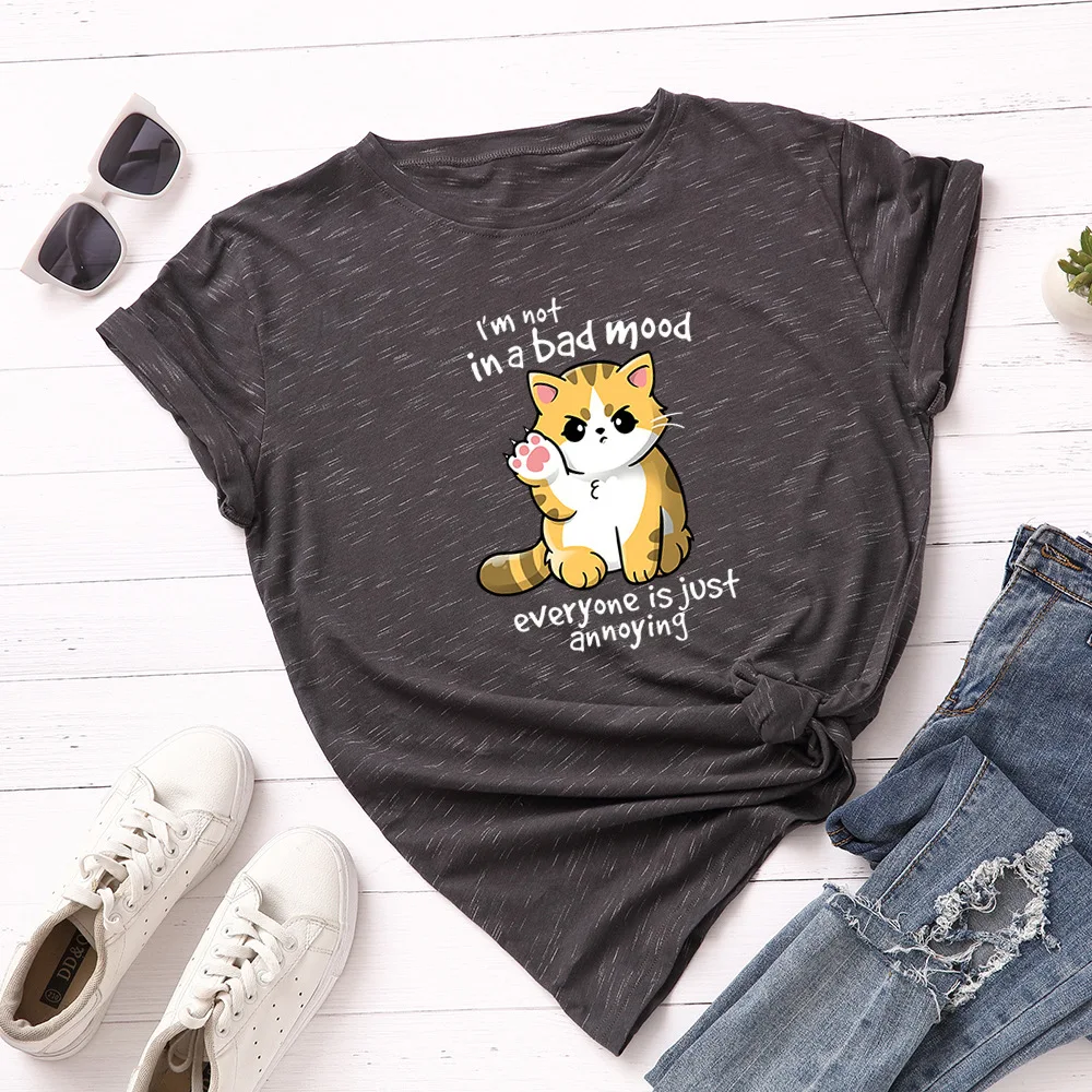 Женская хлопковая футболка с коротким рукавом круглым вырезом и принтом кошки |