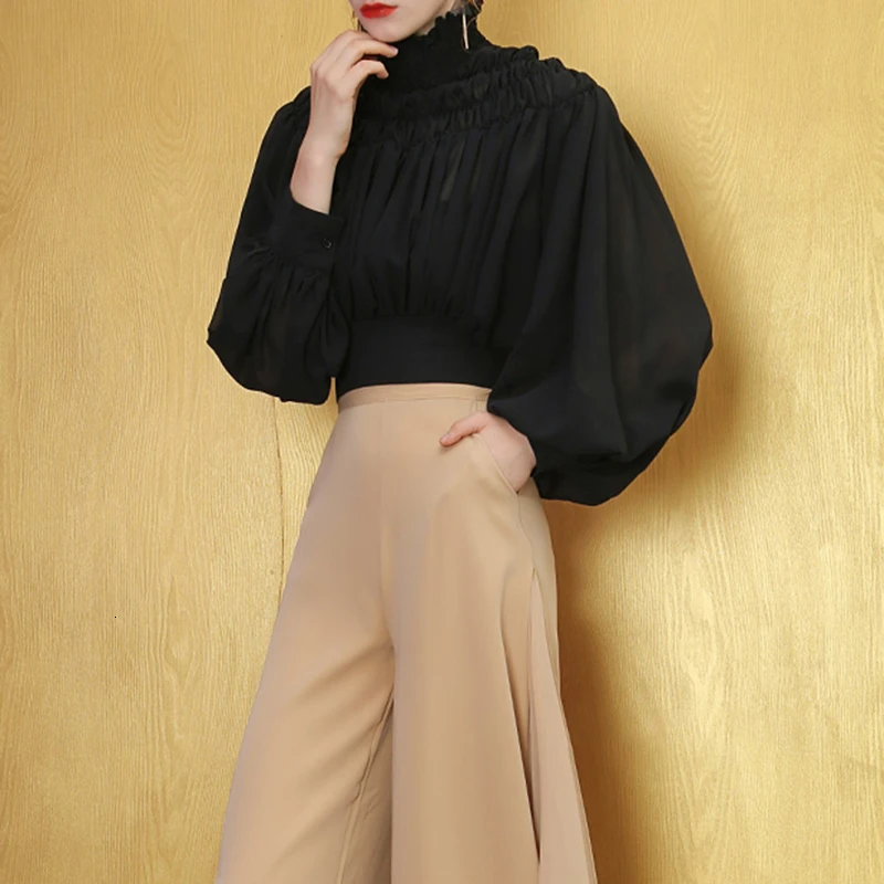 CHICEVER Bohemian Bowknot Women's Shirts Stand Collar Lantern Sleeve Ruched Perspective Blouse Female Autumn Fashion New