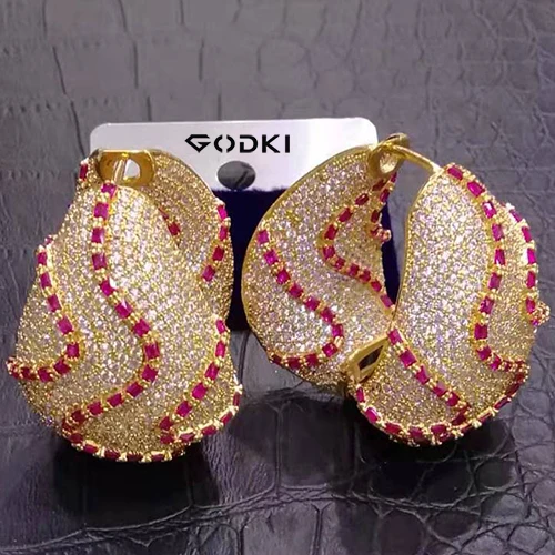 Hot Pink GODKI, модные, 3 тонные серьги с кубическим цирконием, модные, очаровательные, дубайские, большие, круглые, массивные серьги для женщин, свадебные ювелирные изделия - Окраска металла: Hot Pink