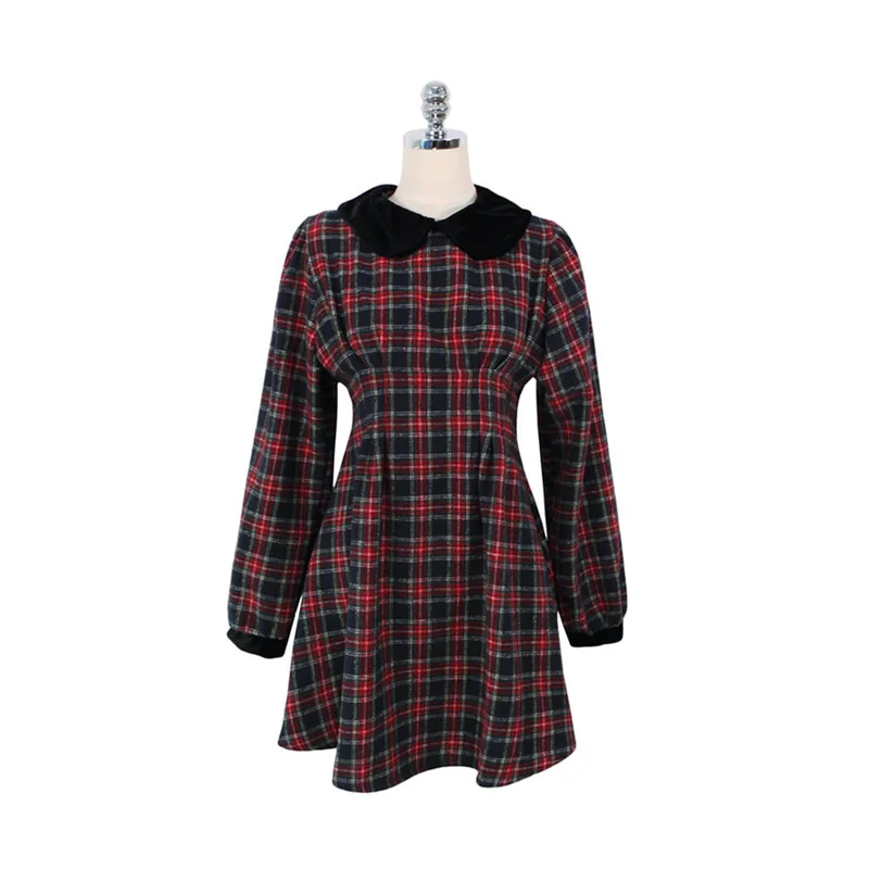 

2019 New Autumn Winter Elegant Korean Women Dress Christmas Slim Long Sleeve Plaid Casual Dress Ladies Party A-line Dress