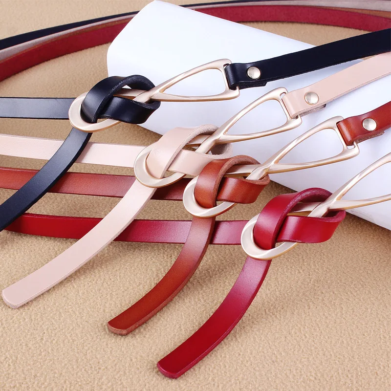 

Popular women's fashion knot leather small belt two layer cow leather thin belt multi color high quality belt