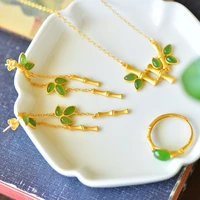 foydjew retro costume jewelry sets imitation hetian jade jasper bamboo necklaces clavicle chain rings earrings for women