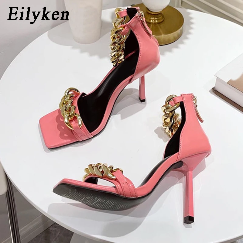 

Eilyken Metal Decoration Chain Heel Party Women's Sandals Square toe Narrow Ankle Strap High Heels Sandals Summer Women shoes