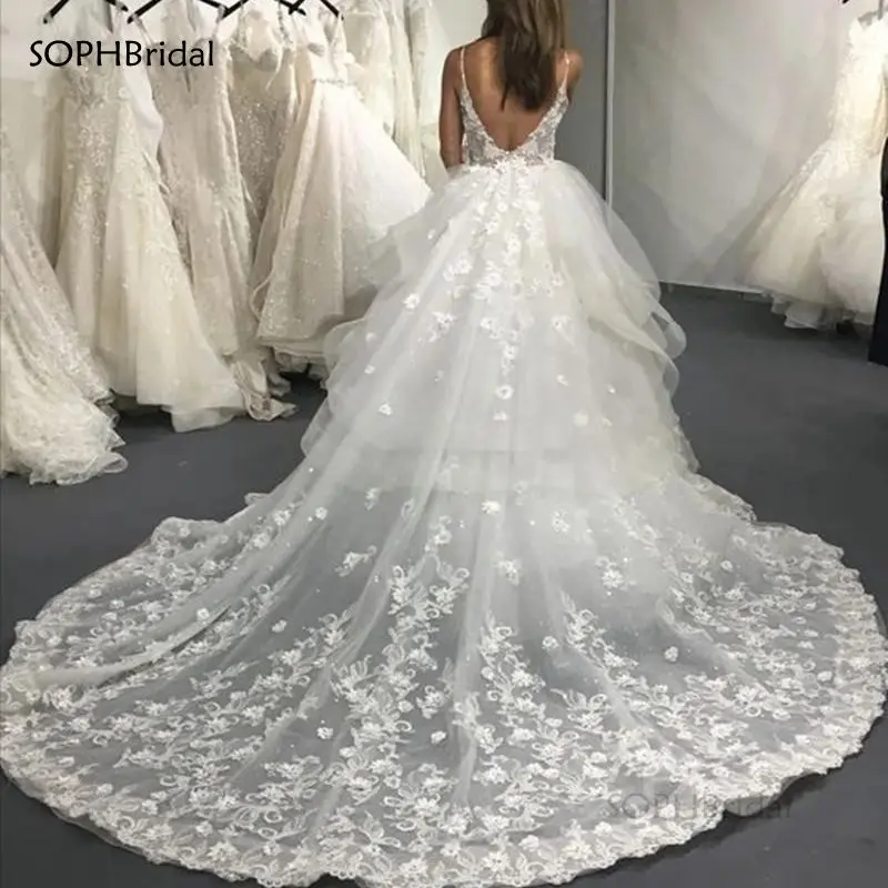 

Gorgeous V Neck Wedding Dresses Lace Appliques Spaghetti Straps Backless Boho Bridal Gowns Bride Dresses Robe De Mariee