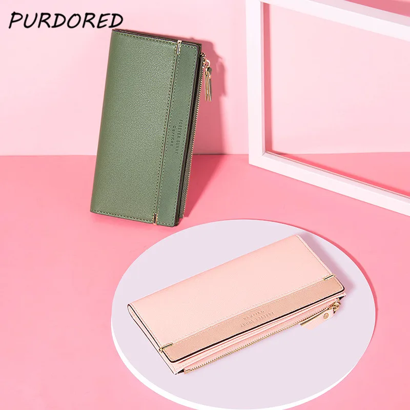 

PURDORED 1 Pc New Fashion Women Long Wallet PU Leather Female Long Card Holder Wallet Pouch Handbag for Women Coin Purse Clutch