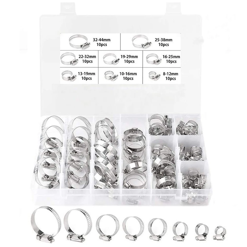 

80/90/100 Pcs Single Ear Stepless Hose Clamps Assortment Kit Stainless Steel Cinches Ring Tools L5