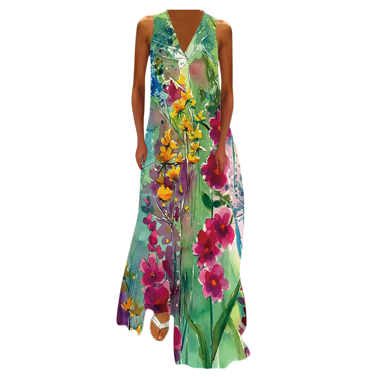 

Flower Print Sundress Maxi Dress Women Sleeveless Dress With Pocket V-neck Women Rose Clothes traf-robe