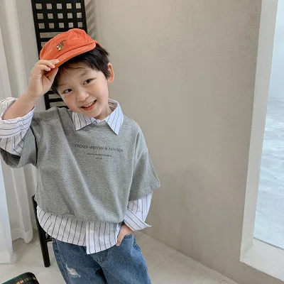 

Boys Retro Shirt Jacket 2021 Spring New Thin Striped Long-sleeved Shirt Short Sweatshirt Suit Shirt Two-piece Sets Baby Clothes