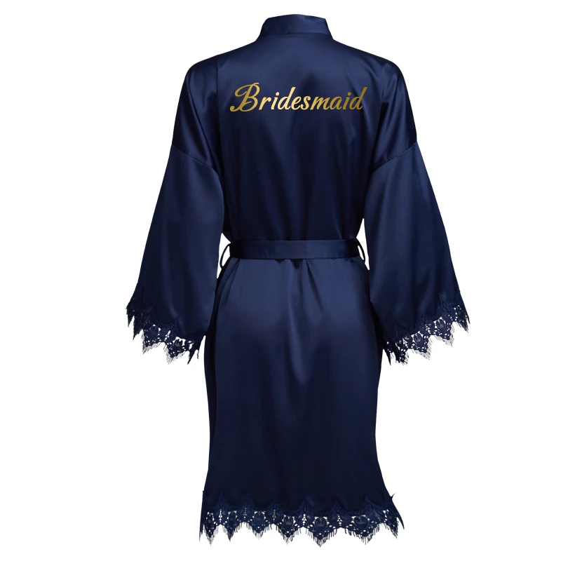 2020 New Navy Matt Satin Kimono Robes with Lace Women Wedding Bride Robes Sleepwear Bridesmaid Robes Bridal Robes