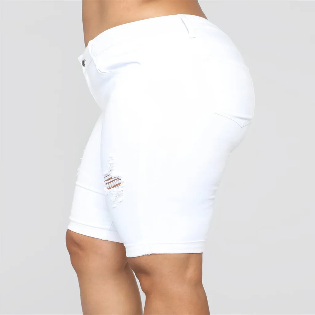 Women Elastic Destroyed Hole Leggings Short Pants Denim Shorts Ripped Jeans Plus Loose Medium Cut Pant W317 | Женская одежда