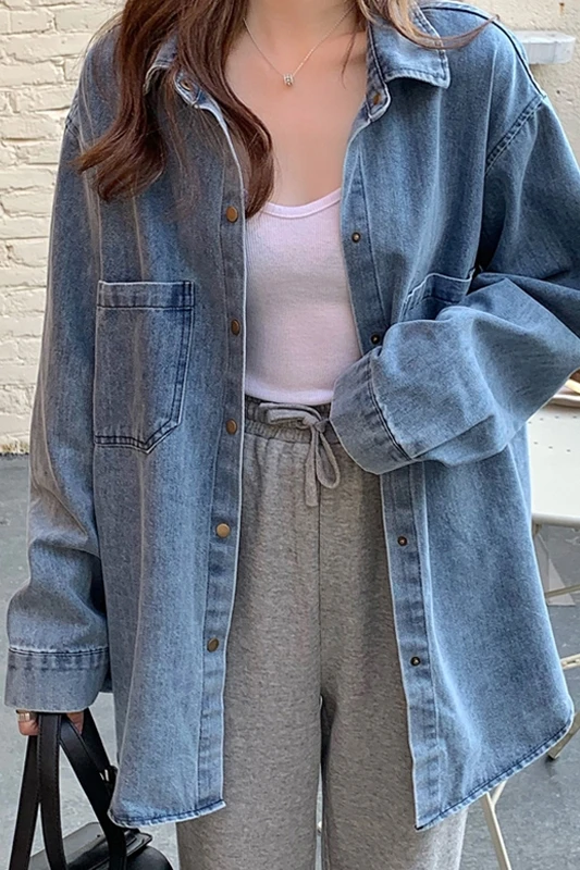 

tumn Loose Korean Style Internet Celebrity Mid-Length Sun Protection Long Sleeve Top Thin Hong Kong Style Denim Jacket Women