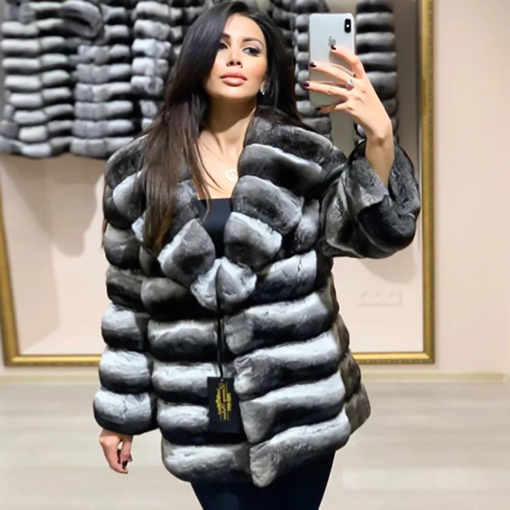 Natural Fur Coats Women Winter 2022 New Full Pelt Genuine Rex Rabbit Fur Jacket Medium Length Turn Down Collar Fur Overcoats