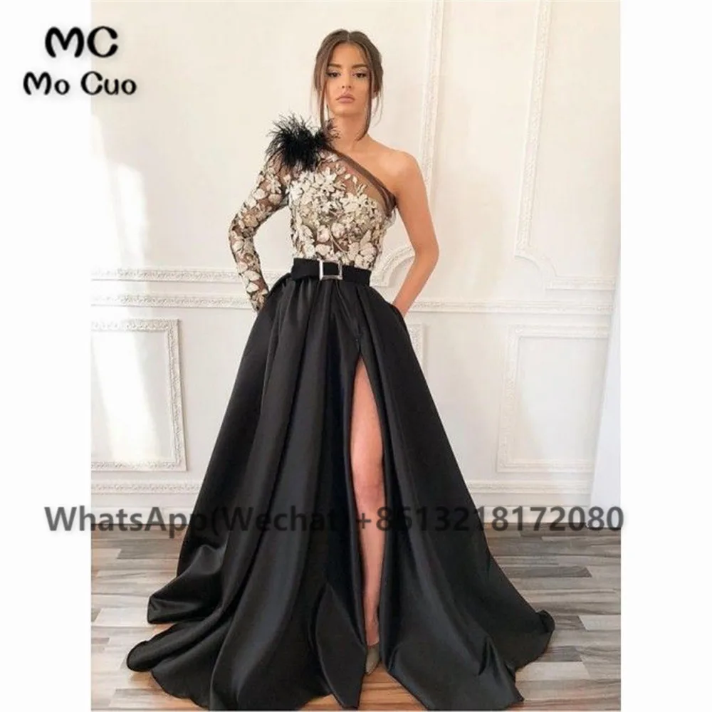 

2021 One Shoulder Women's Jumpsuits Prom Dresses White AppliqueS Evening Gown Satin Front Slit Draped Prom Dress For Women's
