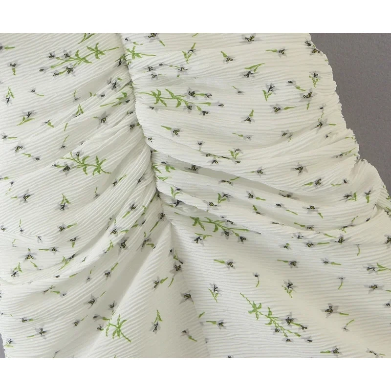 

chic lady summer prairie style green floral print slim mini dresses women's elegant slash neck elastic pleated short dress femme