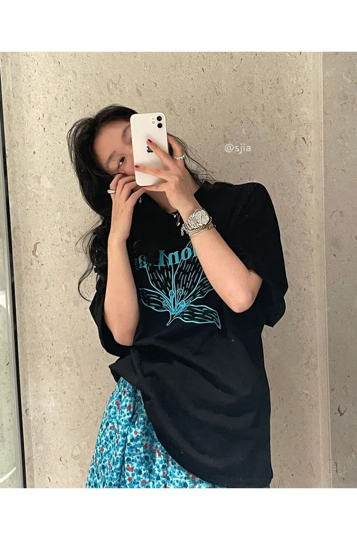 

2445 women summer new style loose letter printing mid-length short-sleeved T-shirt
