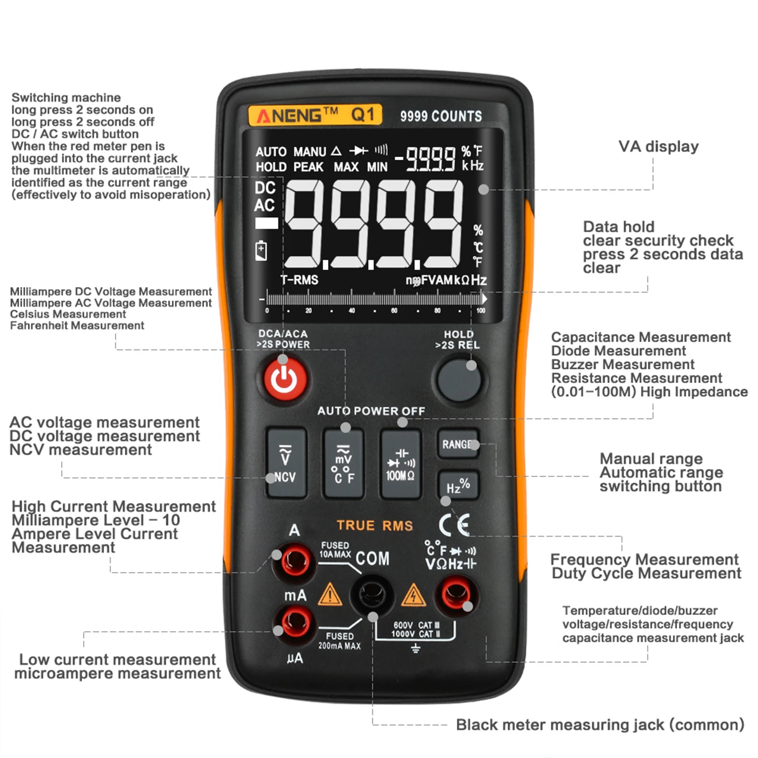 Многофункциональный цифровой мультиметр ANENG с True RMS 9999 отсчетов высокоточный
