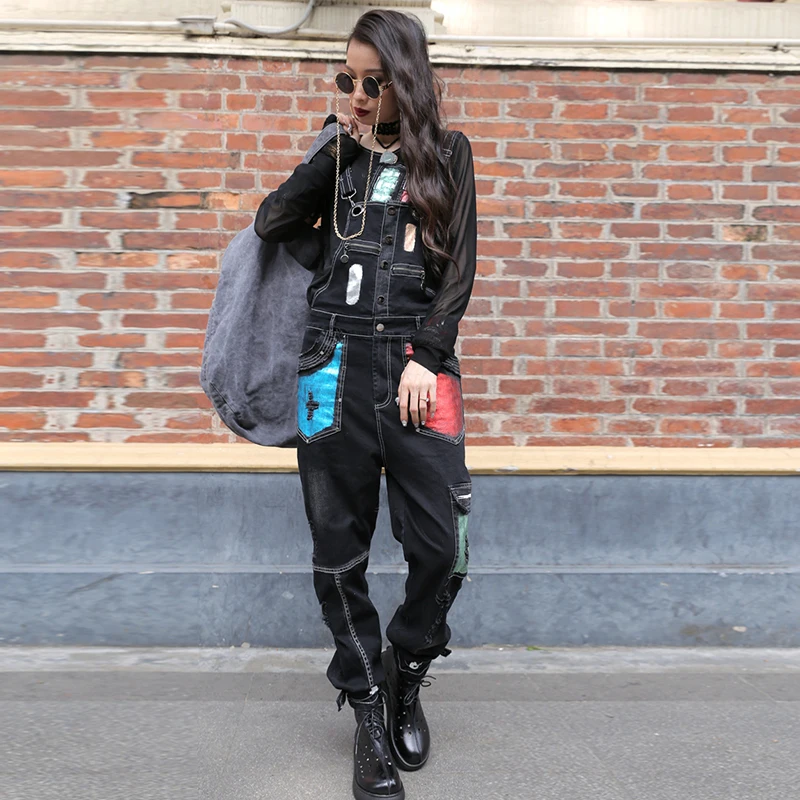 2020 Spring Women Loose Casual Harem Pants Silver Vest + Female Patchwork Jumpsuit Two Pieces Set Street Style Hip Hop Trousers | Женская