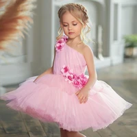 pink baby girl dress one shoulder flower girl dresses tulle 3d flowers tiered skirt kids first communion dress birthday gown