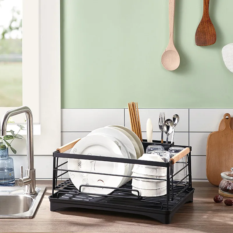 

Kitchen Steel and Wood Combined with Stainless Steel Sink Dish Rack Drain Rack Tableware Drain Dish Storage Rack Kitchen Storage